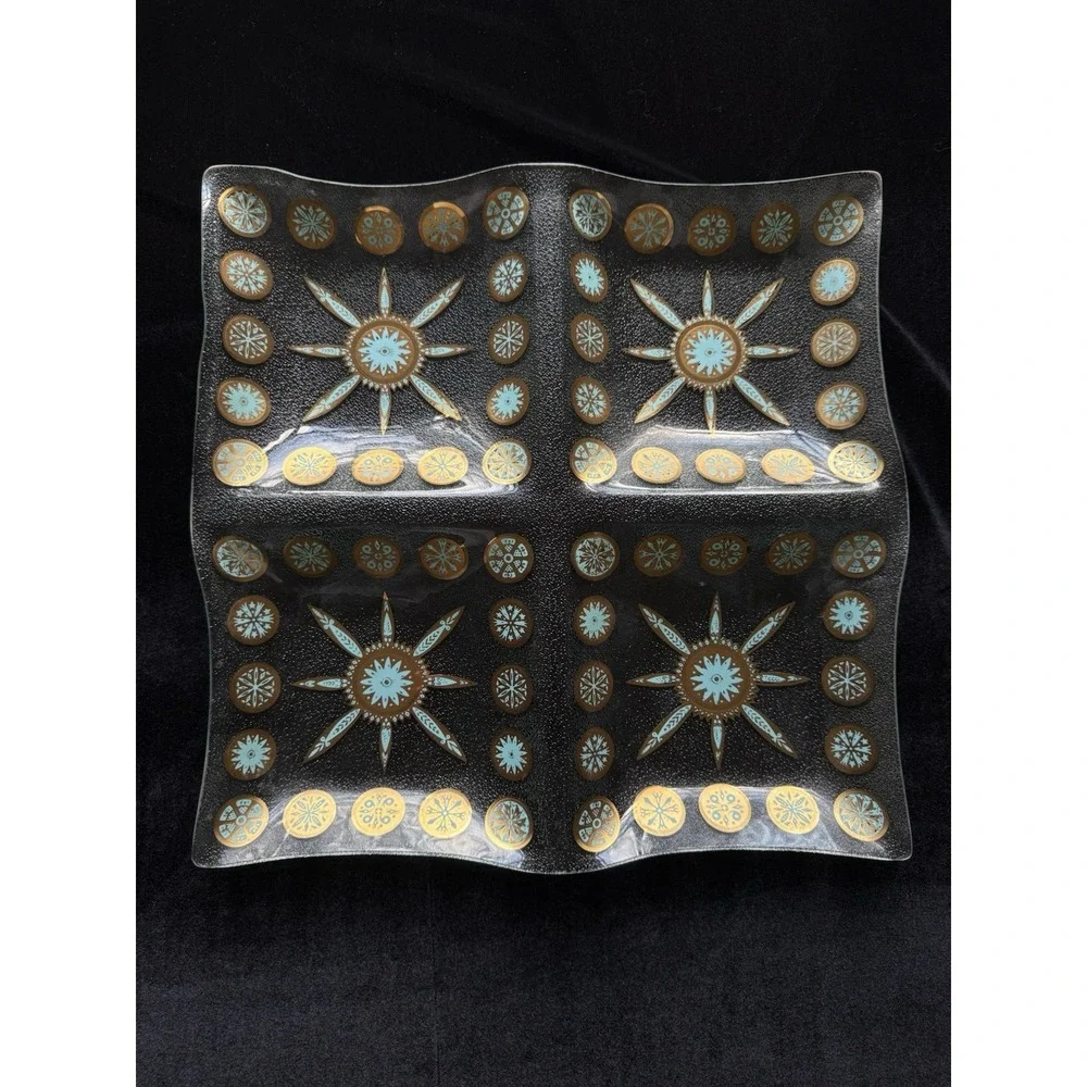 Vintage MCM CULVER Glass Carnival Turquoise Blue Gold 4 Serving‎ Tray Platter